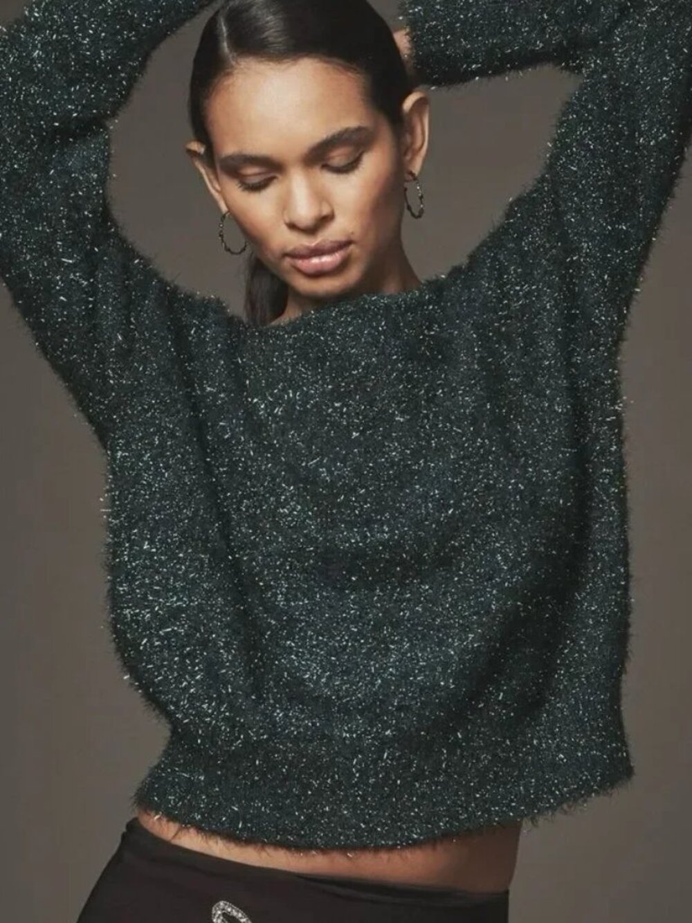 Anthropologie Long-Sleeve Boatneck Tinsel Sweater, Green, M